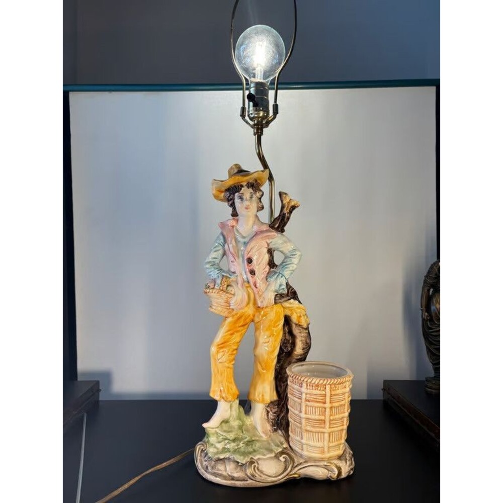 Capodimonte Figural Gentleman Table Lamp Basket Planter Ceramic
